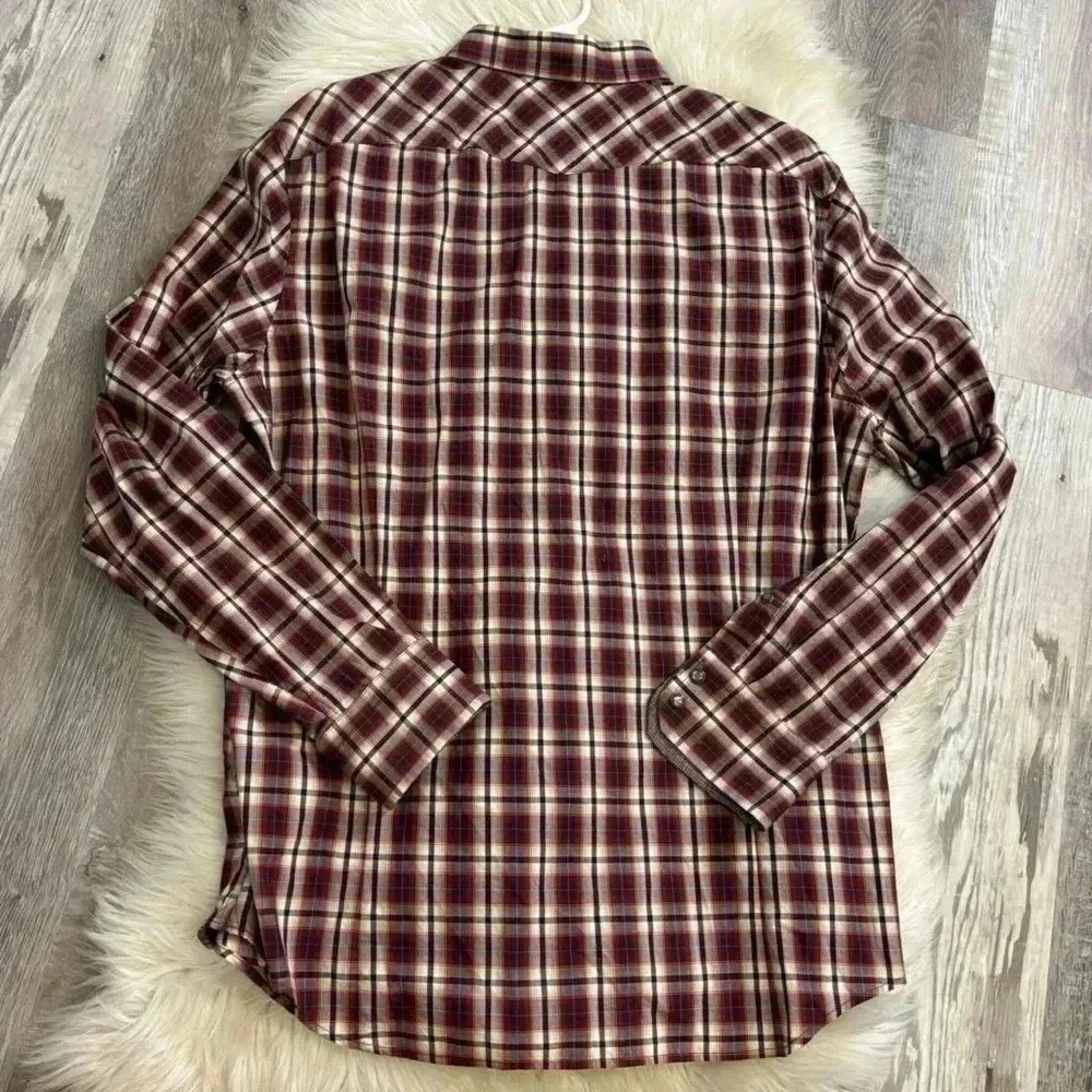 Banana republic slim fit red brown blue plaid pearl button western shirt Large